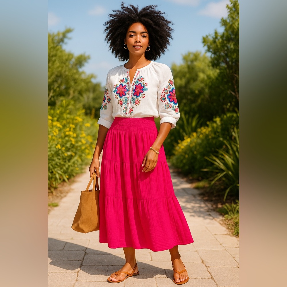 Time and Tru White Embroidered Blouse with Hot Pink Maxi Skirt
